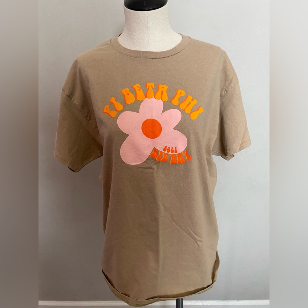 PI BETA  PHI Hanes Tan Tee with Pink and Orange Flower
